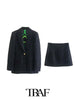 TRAF  2Pcs Women's Skirts Blazer Suits 2023 Textured Blazer With Pockets+Textured Skirt Outfits Long Sleeve Blazer Coats