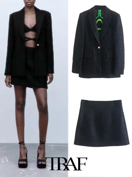 TRAF  2Pcs Women's Skirts Blazer Suits 2023 Textured Blazer With Pockets+Textured Skirt Outfits Long Sleeve Blazer Coats