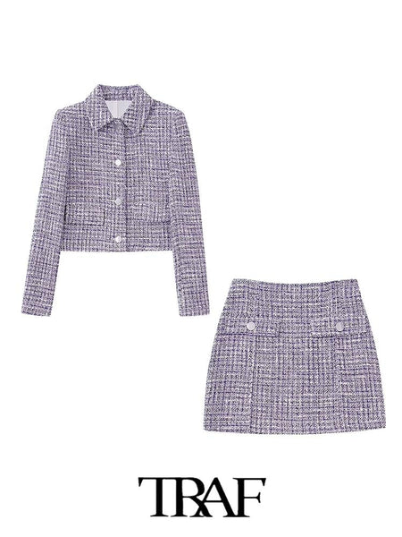 TRAF  2Pcs Women's Skirts Blazer Suits 2023 Textured Short Fit Suit Blazer+Textured Mini Skirt Outfits Long Sleeve Blazer Coats