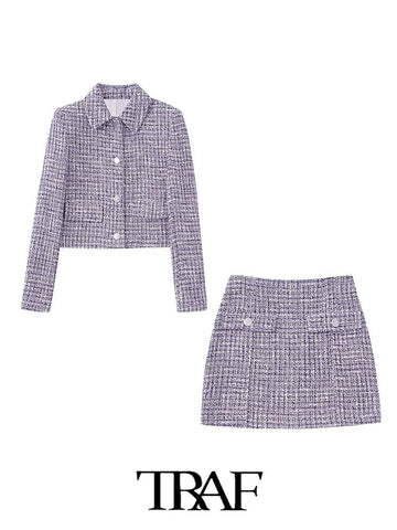 TRAF  2Pcs Women's Skirts Blazer Suits 2023 Textured Short Fit Suit Blazer+Textured Mini Skirt Outfits Long Sleeve Blazer Coats