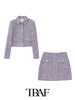 TRAF  2Pcs Women's Skirts Blazer Suits 2023 Textured Short Fit Suit Blazer+Textured Mini Skirt Outfits Long Sleeve Blazer Coats