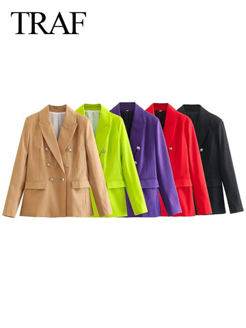 TRAF 5 Colors Women's Casual Blazers Double Breasted Long Sleeve Vintage Blazer Coats Slim Solid Femme Outerwear