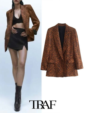 TRAF  Animal Print Blazer With Pockets Women 2023 Casual Blazer Woman Office Female Suit Long Sleeve Jacket