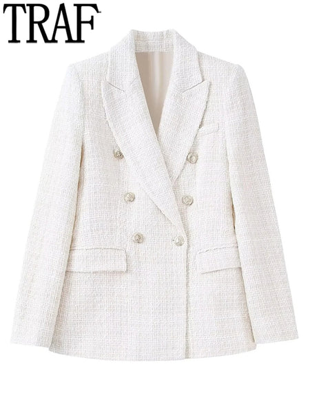 TRAF Beige Casual Blazer Woman Office Double Breasted Blazer Women Textured Long Sleeve Chic And Elegant Woman Jacket