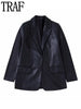 TRAF Black Leather Blazer Women Masculine Jackets for Women 2023 Streetwear Oversized Blazer Woman Long Sleeve Female Blazers