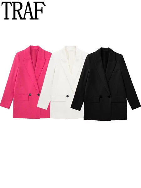 TRAF Black Long Blazer Women Pink White Casual Blazer Woman Double Breasted Elegant Blazers For Women 2023 Fall Oversize Jacket