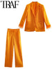 TRAF Blazer 2023 Spring OL Style Women Blazers With Feathers Wrist Sleeve Loose Female Satin Texture Chic Elegant Orange Coat