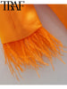 TRAF Blazer 2023 Spring OL Style Women Blazers With Feathers Wrist Sleeve Loose Female Satin Texture Chic Elegant Orange Coat
