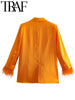 TRAF Blazer 2023 Spring OL Style Women Blazers With Feathers Wrist Sleeve Loose Female Satin Texture Chic Elegant Orange Coat