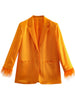 TRAF Blazer 2023 Spring OL Style Women Blazers With Feathers Wrist Sleeve Loose Female Satin Texture Chic Elegant Orange Coat