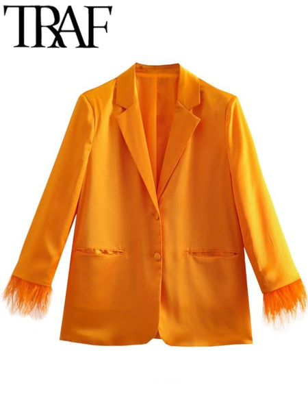 TRAF Blazer 2023 Spring OL Style Women Blazers With Feathers Wrist Sleeve Loose Female Satin Texture Chic Elegant Orange Coat