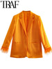 TRAF Blazer 2023 Spring OL Style Women Blazers With Feathers Wrist Sleeve Loose Female Satin Texture Chic Elegant Orange Coat