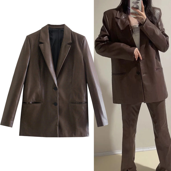 TRAF Blazer Women 2023 Brown Leather Blazer Woman Autumn Long Sleeve Female Suit Office Casual Button Jacket