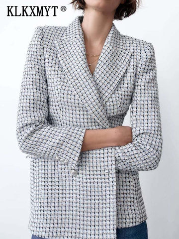 TRAF Blazer Women Coat Spring 2023 Check Suit Jacket Woman Vintage Long Sleeve Double Breasted Blazers Top
