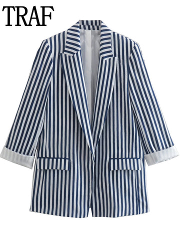 TRAF Blue Blazer Woman 2023 Casual Long Sleeve Pink Female Blazer Print Striped Blazer Women Office Wear Summer Jackets