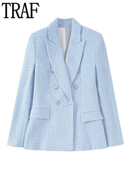 TRAF Blue Textured Blazer Woman Double Breasted Jacket Women Coats Long Sleeve Blazers for Women Fall Women Blazers and Jackets