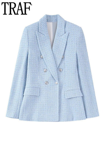 TRAF Blue Textured Blazer Woman Double Breasted Jacket Women Coats Long Sleeve Blazers for Women Fall Women Blazers and Jackets