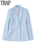 TRAF Blue Textured Blazer Woman Double Breasted Jacket Women Coats Long Sleeve Blazers for Women Fall Women Blazers and Jackets