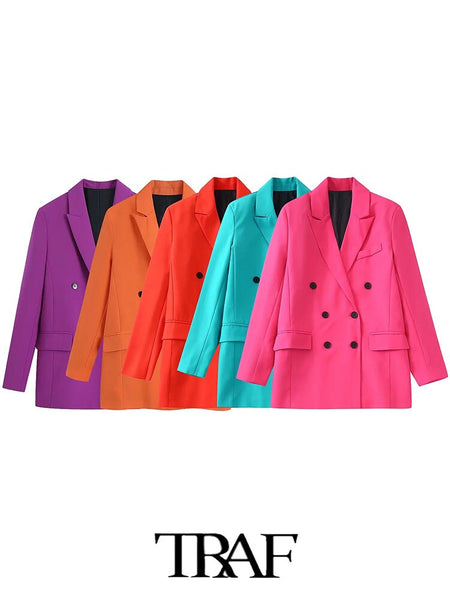 TRAF  Candy Solid Color Blazer Women Unisex Blazer Woman Office Elegant Female Suit double Breasted Long Sleeve Jacket