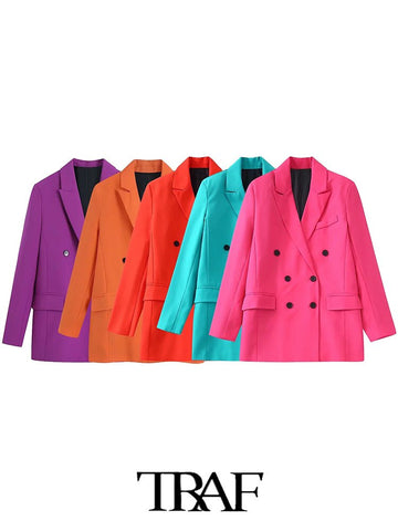 TRAF  Candy Solid Color Blazer Women Unisex Blazer Woman Office Elegant Female Suit double Breasted Long Sleeve Jacket