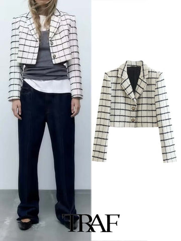TRAF  Check Texture Casual Cropped Casual Blazer Women 2023 Casual Blazer Woman Office Female Suit Long Sleeve Jacket