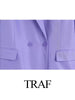 TRAF Commuter Temperament Elegant Suit Collar Blazer Casual Loose Long Sleeves Two Button Flaps Solid Purple Jacket