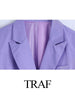 TRAF Commuter Temperament Elegant Suit Collar Blazer Casual Loose Long Sleeves Two Button Flaps Solid Purple Jacket