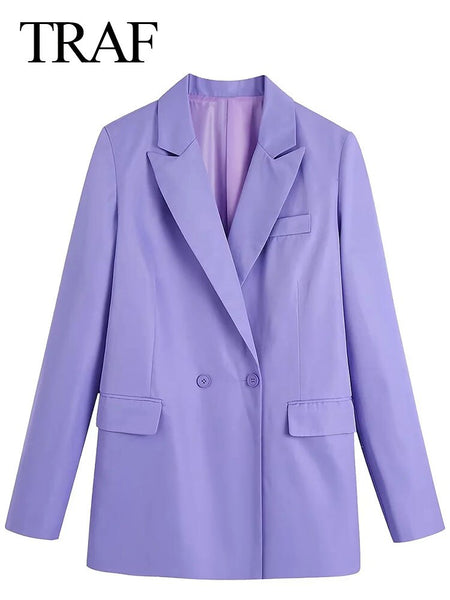 TRAF Commuter Temperament Elegant Suit Collar Blazer Casual Loose Long Sleeves Two Button Flaps Solid Purple Jacket