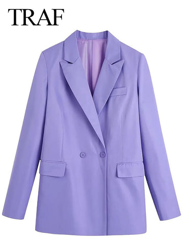 TRAF Commuter Temperament Elegant Suit Collar Blazer Casual Loose Long Sleeves Two Button Flaps Solid Purple Jacket