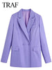 TRAF Commuter Temperament Elegant Suit Collar Blazer Casual Loose Long Sleeves Two Button Flaps Solid Purple Jacket