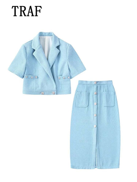 TRAF  2 Pieces Women Cropped Blazer+Skirt Set Vintage Texture Jacket Coat+Skirt Single Breasted Woman Sets