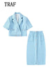 TRAF  2 Pieces Women Cropped Blazer+Skirt Set Vintage Texture Jacket Coat+Skirt Single Breasted Woman Sets