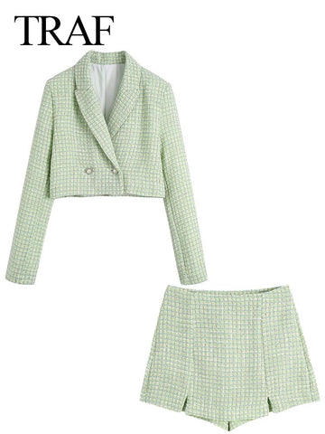 TRAF Women Print Blazer Set Long Sleeve Suit Collar Button Short Jacket + Culottes Slit Zipper Slim Sexy Chic Shorts