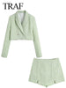 TRAF Women Print Blazer Set Long Sleeve Suit Collar Button Short Jacket + Culottes Slit Zipper Slim Sexy Chic Shorts