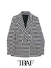 TRAF  Faux Houndstooth Gold Double-Breasted Blazer Women 2023 Casual Blazer Woman Office Female Suit Long Sleeve Jacket