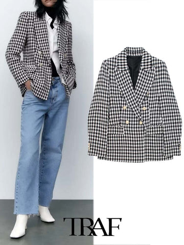 TRAF  Faux Houndstooth Gold Double-Breasted Blazer Women 2023 Casual Blazer Woman Office Female Suit Long Sleeve Jacket