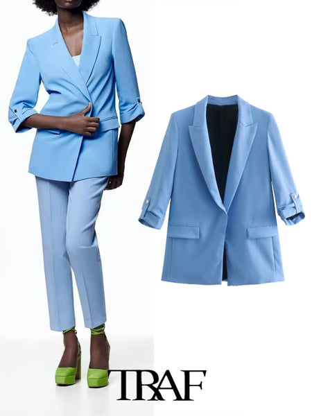 TRAF  Five-Color Roll-Sleeve Casual Blazer Jacket Women 2023 Casual Blazer Woman Office Female Suit Long Sleeve Jacket