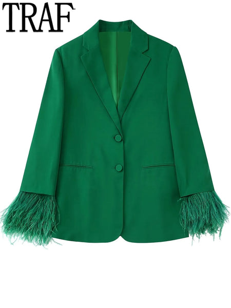 TRAF Green Blazer Woman Feather Casual Blazer For Women 2023 Autumn Long Sleeve Office Elegant Womens Jacket Female Suit