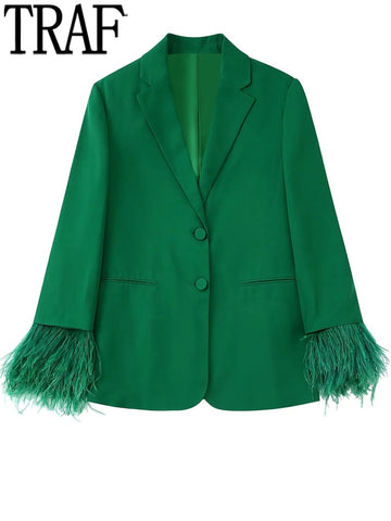 TRAF Green Blazer Woman Feather Casual Blazer For Women 2023 Autumn Long Sleeve Office Elegant Womens Jacket Female Suit