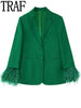 TRAF Green Blazer Woman Feather Casual Blazer For Women 2023 Autumn Long Sleeve Office Elegant Womens Jacket Female Suit