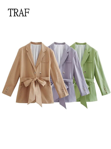 TRAF Green Blazers Woman Jacket 2023 Autumn Belt Elegant Female Blazer Long Sleeve Loose Casual Woman Coat Streetwear