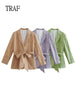 TRAF Green Blazers Woman Jacket 2023 Autumn Belt Elegant Female Blazer Long Sleeve Loose Casual Woman Coat Streetwear