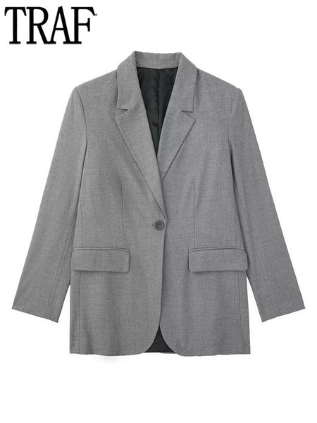 TRAF Grey Straight Blazer Women Office Button Jackets for Women Coat Long Sleeve Female Blazer Fall Winter Shoulder Pads Blazers