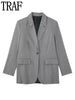 TRAF Grey Straight Blazer Women Office Button Jackets for Women Coat Long Sleeve Female Blazer Fall Winter Shoulder Pads Blazers