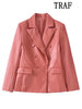 TRAF Imitation Leather Blazer Women 2023 Casual Blazer Woman Office  Female Suit Double Breasted Long Sleeve Jacket