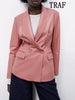 TRAF Imitation Leather Blazer Women 2023 Casual Blazer Woman Office  Female Suit Double Breasted Long Sleeve Jacket