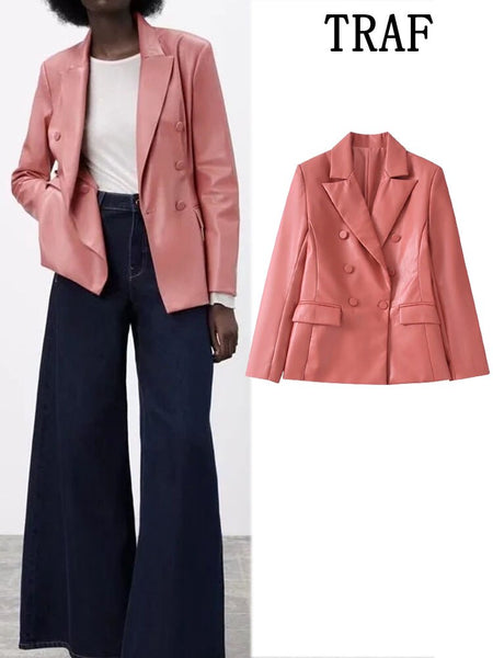 TRAF Imitation Leather Blazer Women 2023 Casual Blazer Woman Office  Female Suit Double Breasted Long Sleeve Jacket