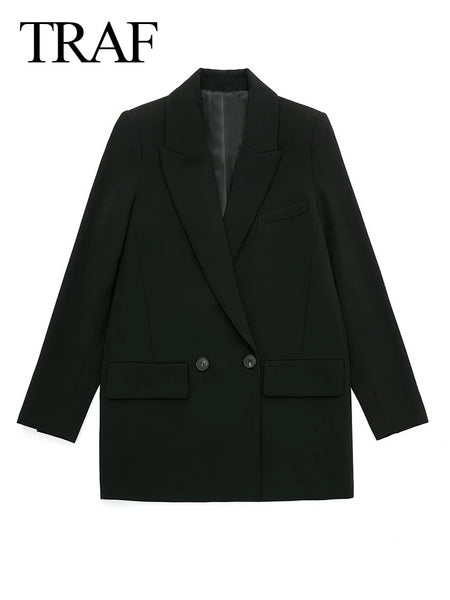 TRAF Ladies 2023 Commuter Blazer Suit Collar Double Breasted Loose Solid Color Black Senior Jacket Women Spring Coat Clothing