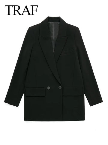 TRAF Ladies 2023 Commuter Blazer Suit Collar Double Breasted Loose Solid Color Black Senior Jacket Women Spring Coat Clothing