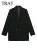 TRAF Ladies 2023 Commuter Blazer Suit Collar Double Breasted Loose Solid Color Black Senior Jacket Women Spring Coat Clothing